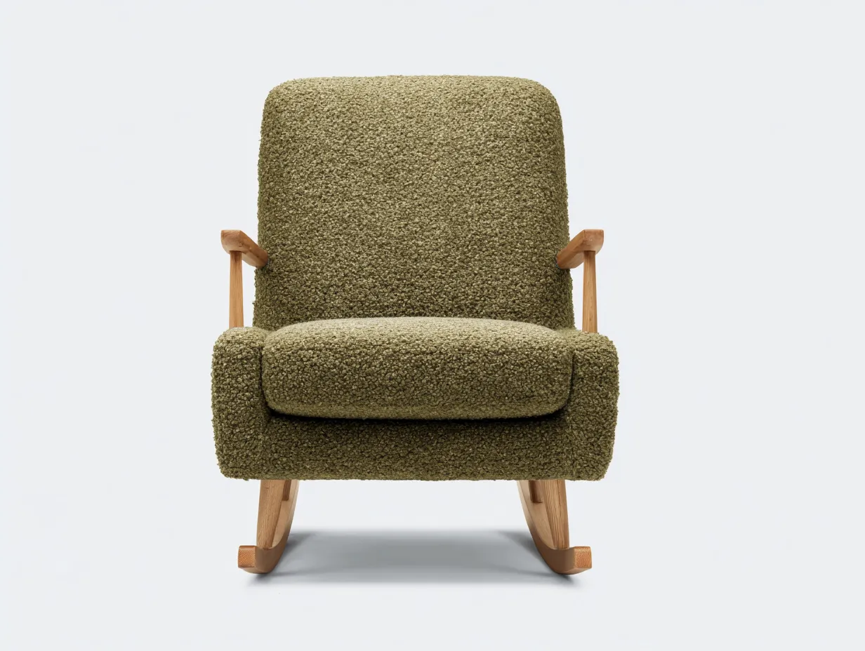 Silla Mecedora de bouclé 77x90x101 cm - verde musgo y madera natural - apoyabrazos de madera para salón