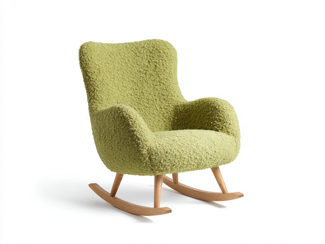 Silla Mecedora de bouclé 78x92x104 cm - verde oliva y madera natural - respaldo alto para salón