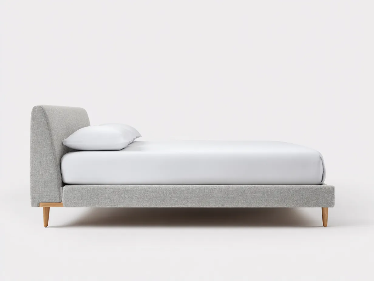 Cama Doble tapizada 200x160x96 cm - gris claro y madera natural - para dormitorio de estilo nórdico