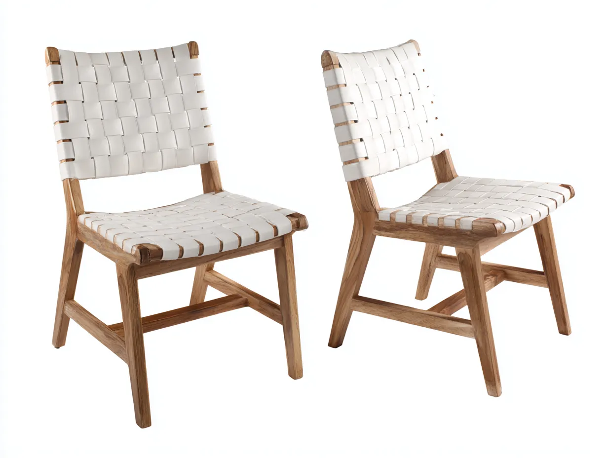 Sillón de Descanso de jardín set de 2 en madera y cincha 47x57x82 cm - blanco y madera natural - estilo artesanal