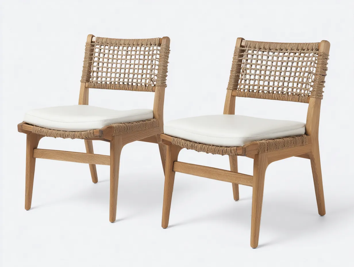 Sillón de Descanso de exterior set de 2 en madera y cuerda 50x57x78 cm - beige y blanco - con asiento acolchado