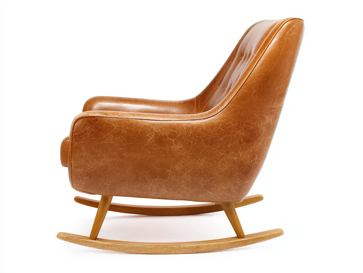 Silla Mecedora de cuero sintético 81x91x96 cm - marrón caramelo y madera natural - estilo retro para salón