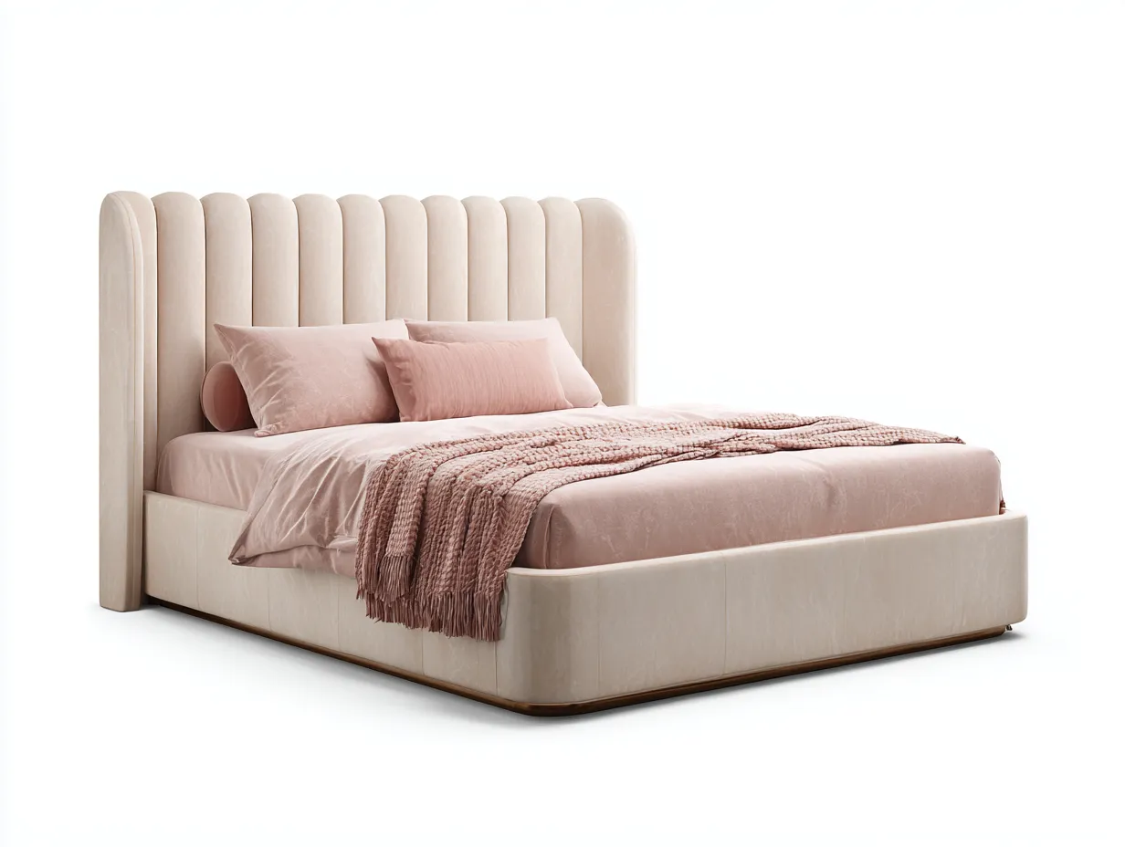 Cama Doble tapizada 200x160x128 cm - beige claro - para dormitorio con cabecero envolvente