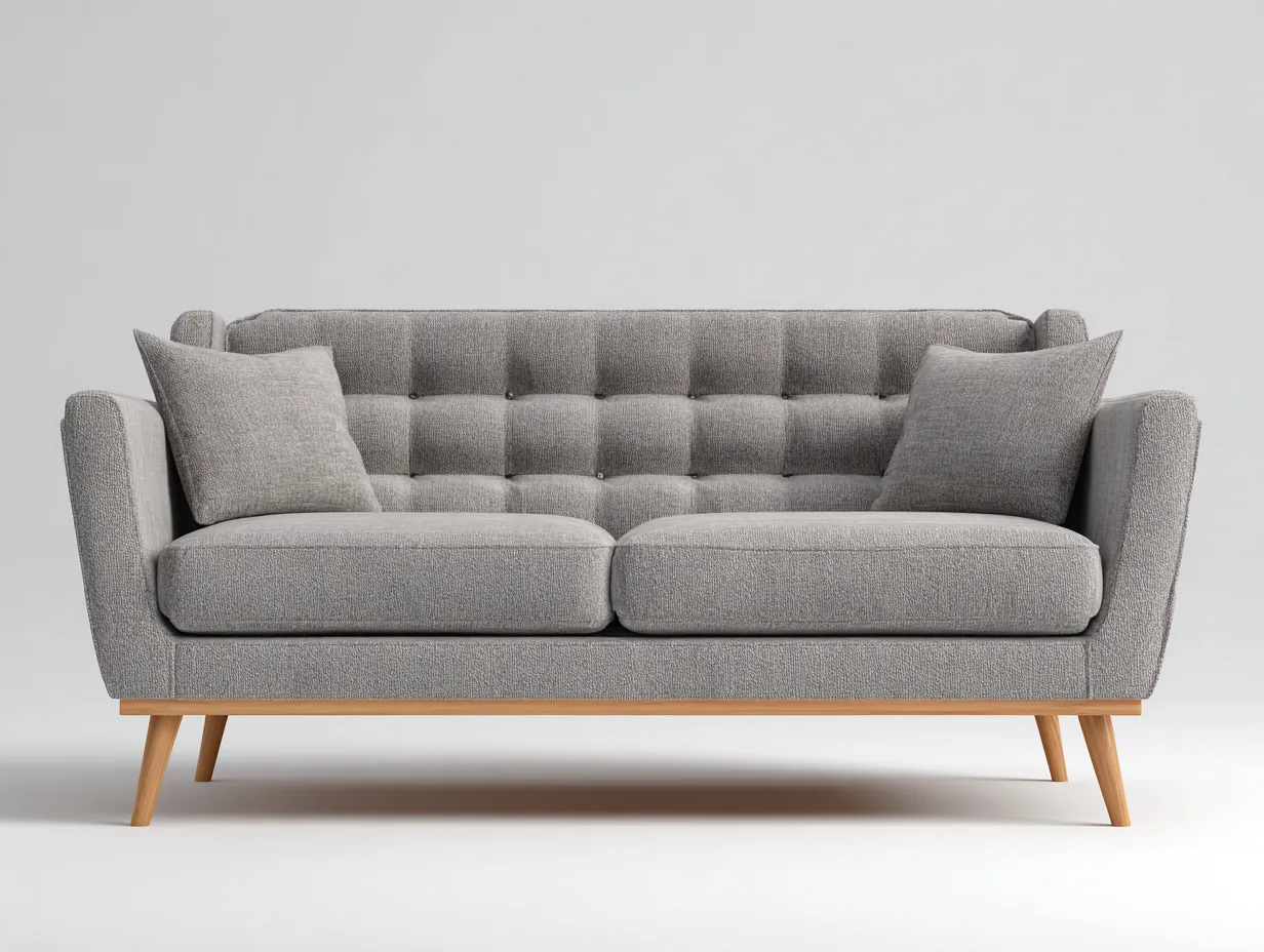 Sofá de Tres Plazas con capitoné 214x89x83 cm - gris perla y madera natural - para salón de estilo elegante
