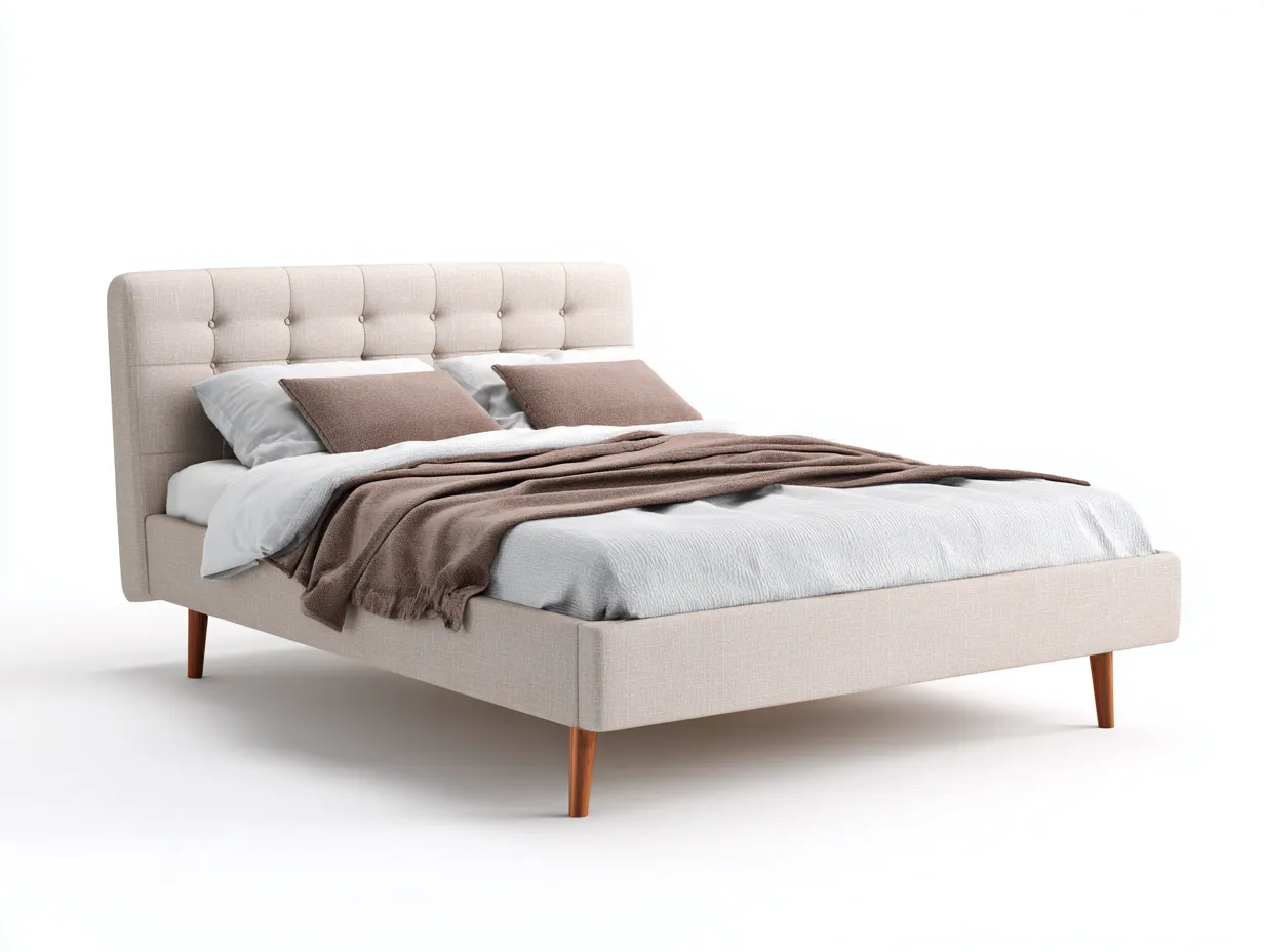 Cama Doble tapizada 200x160x110 cm - beige claro y madera nogal - para dormitorio con estilo elegante