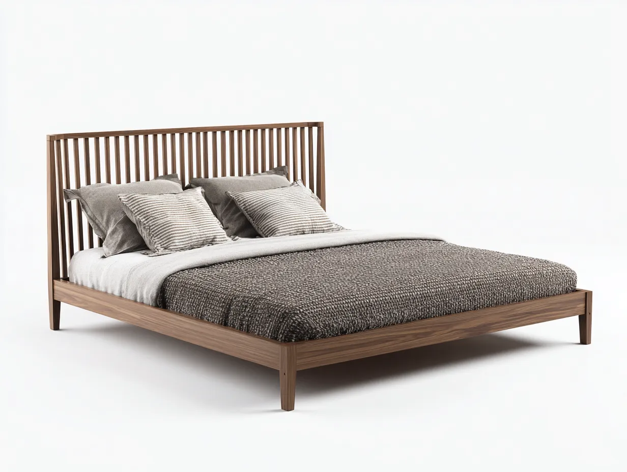 Cama Doble de madera 205x160x112 cm - nogal natural - para dormitorio con cabecero de listones