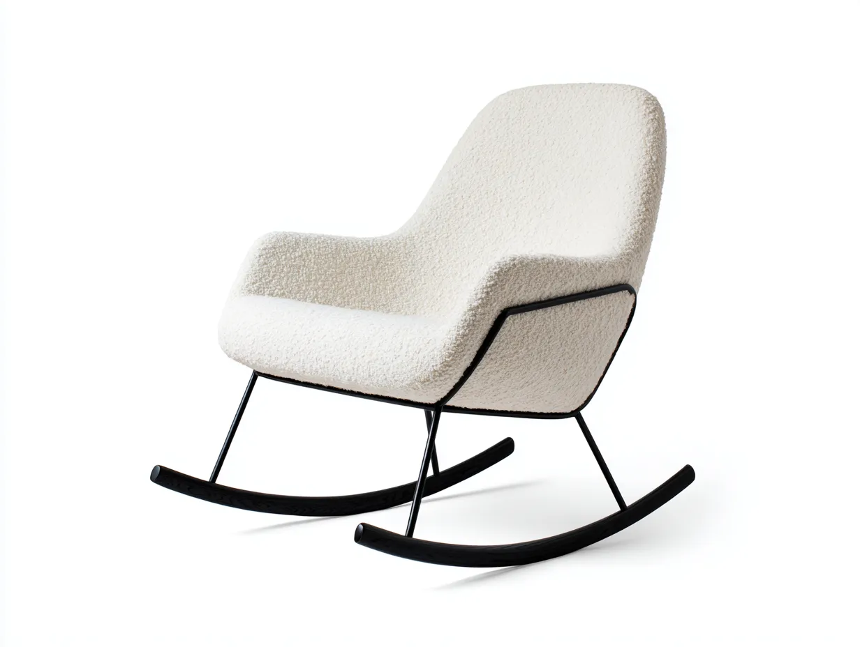 Silla Mecedora de bouclé 74x88x95 cm - blanco roto y negro - estructura metálica para salón
