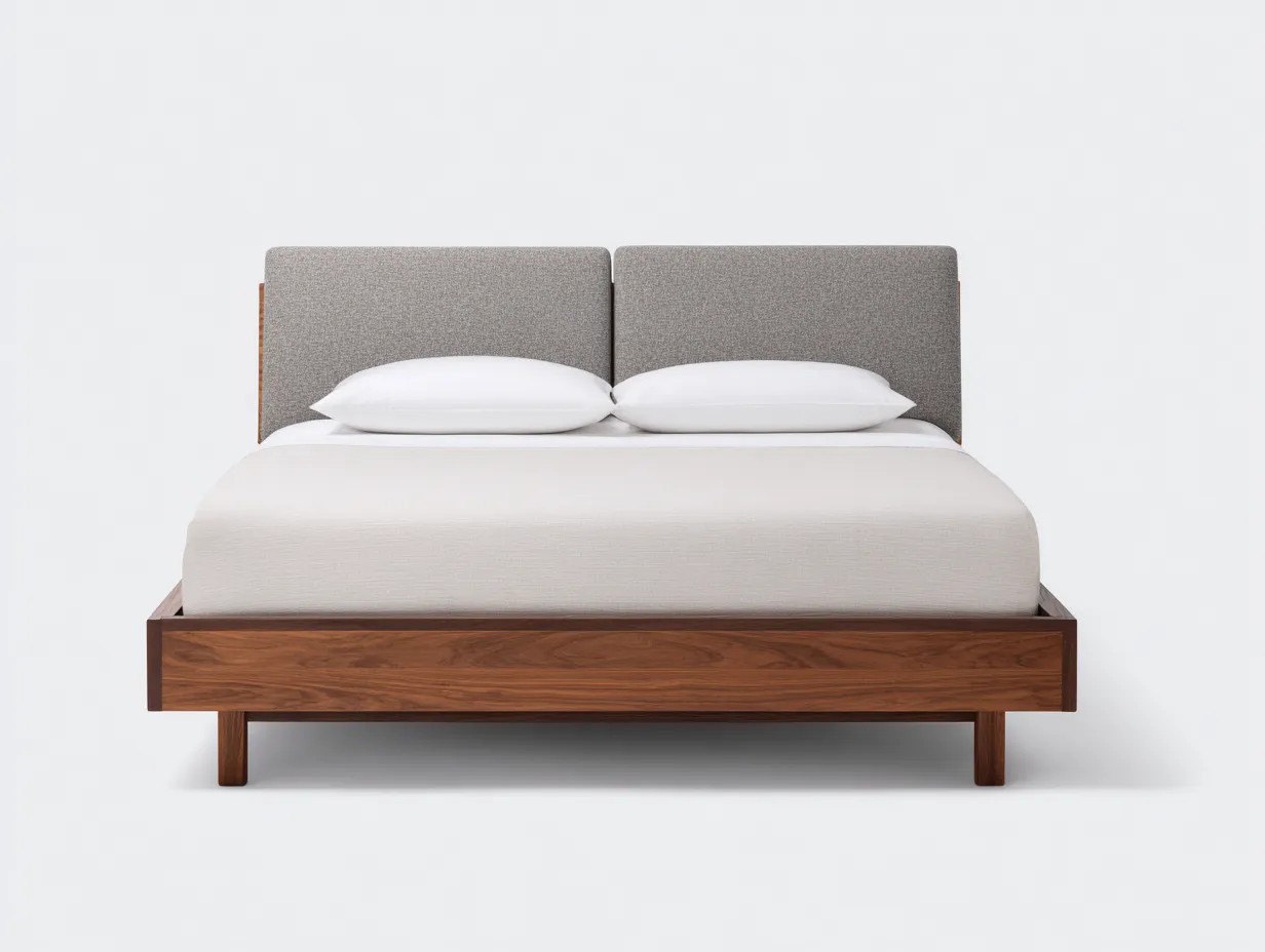 Cama Doble de madera 202x160x98 cm - nogal y gris claro - para dormitorio con cabecero tapizado