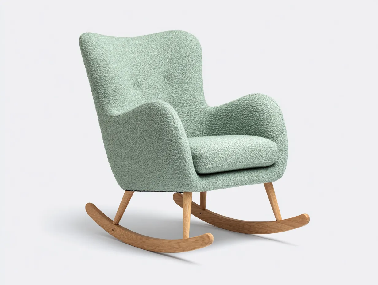 Silla Mecedora de bouclé 79x93x104 cm - verde menta y madera natural - respaldo alto para salón