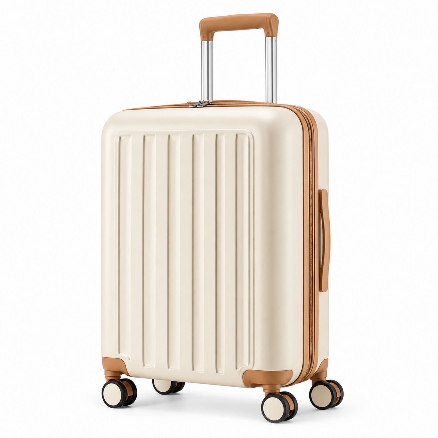 Maleta rígida crema con ruedas giratorias y mango marrón 55cm