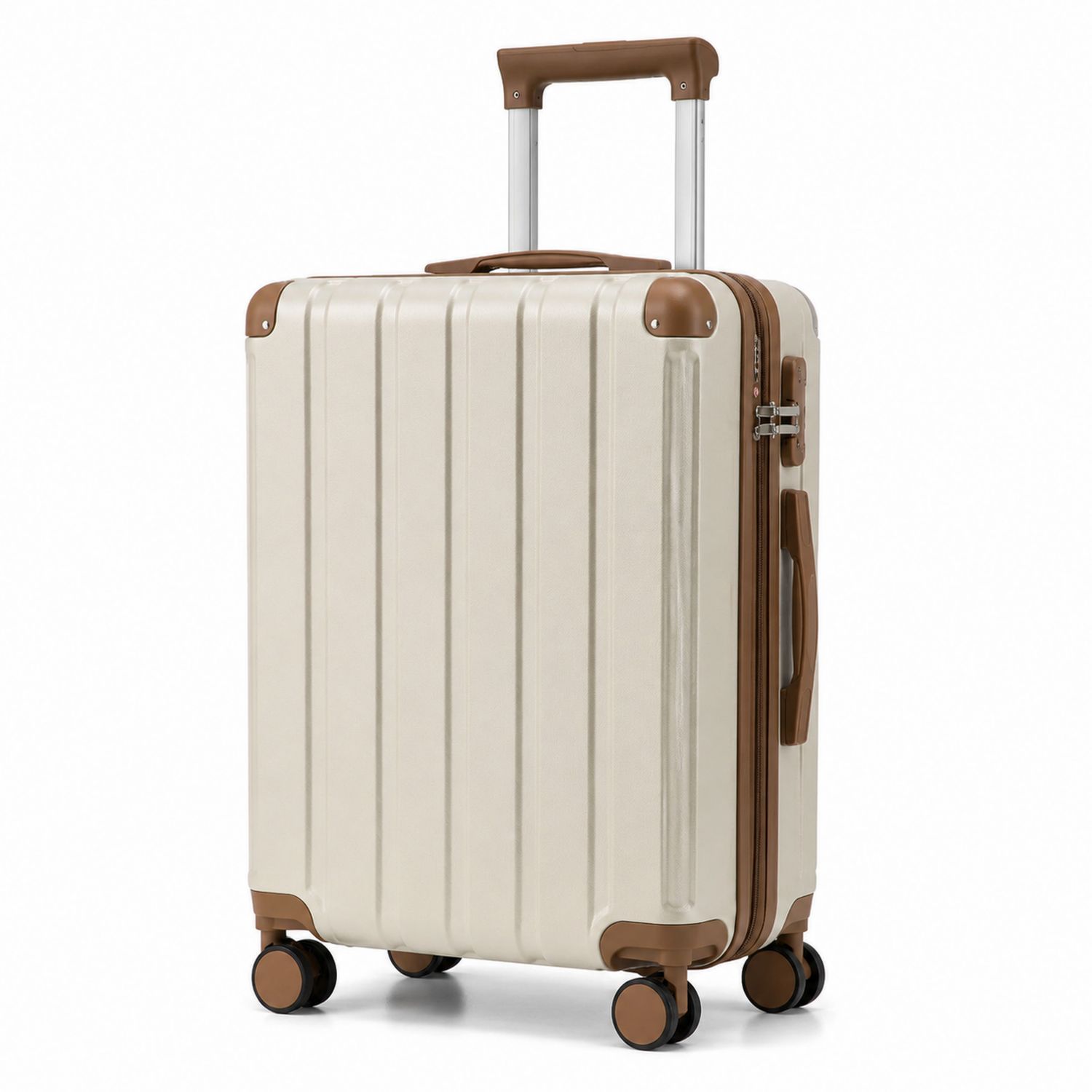 Maleta de viaje rígida beige con ruedas giratorias y cerradura de combinación