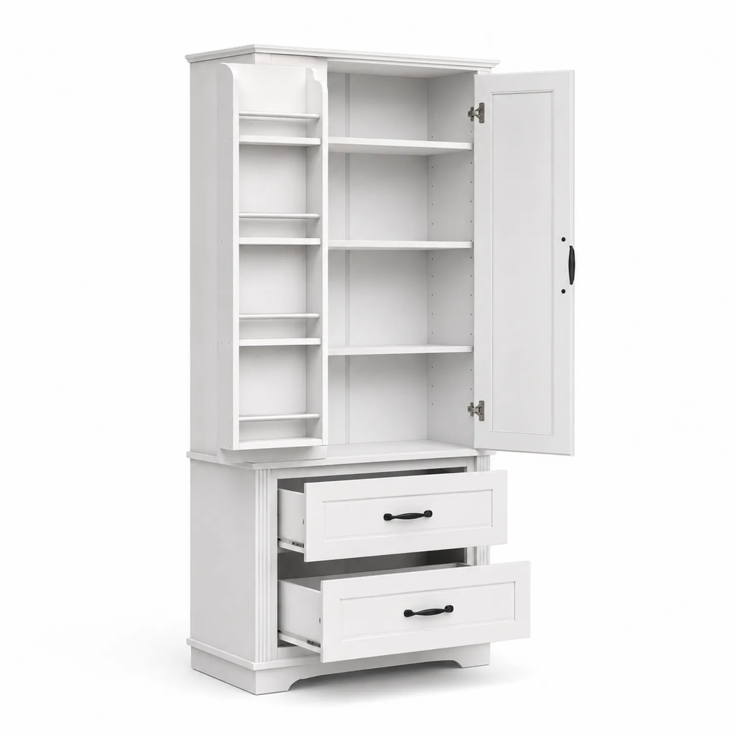 Biały kredens z półkami i szufladami z płyty MDF 180 cm