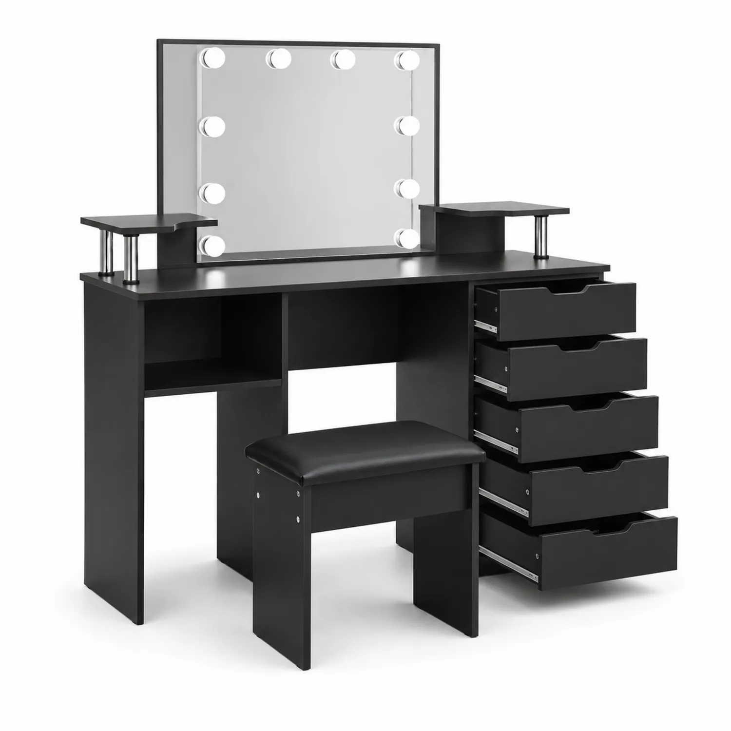 Toaletka z lustrem LED i taboretem, 5 szuflad, Czarny