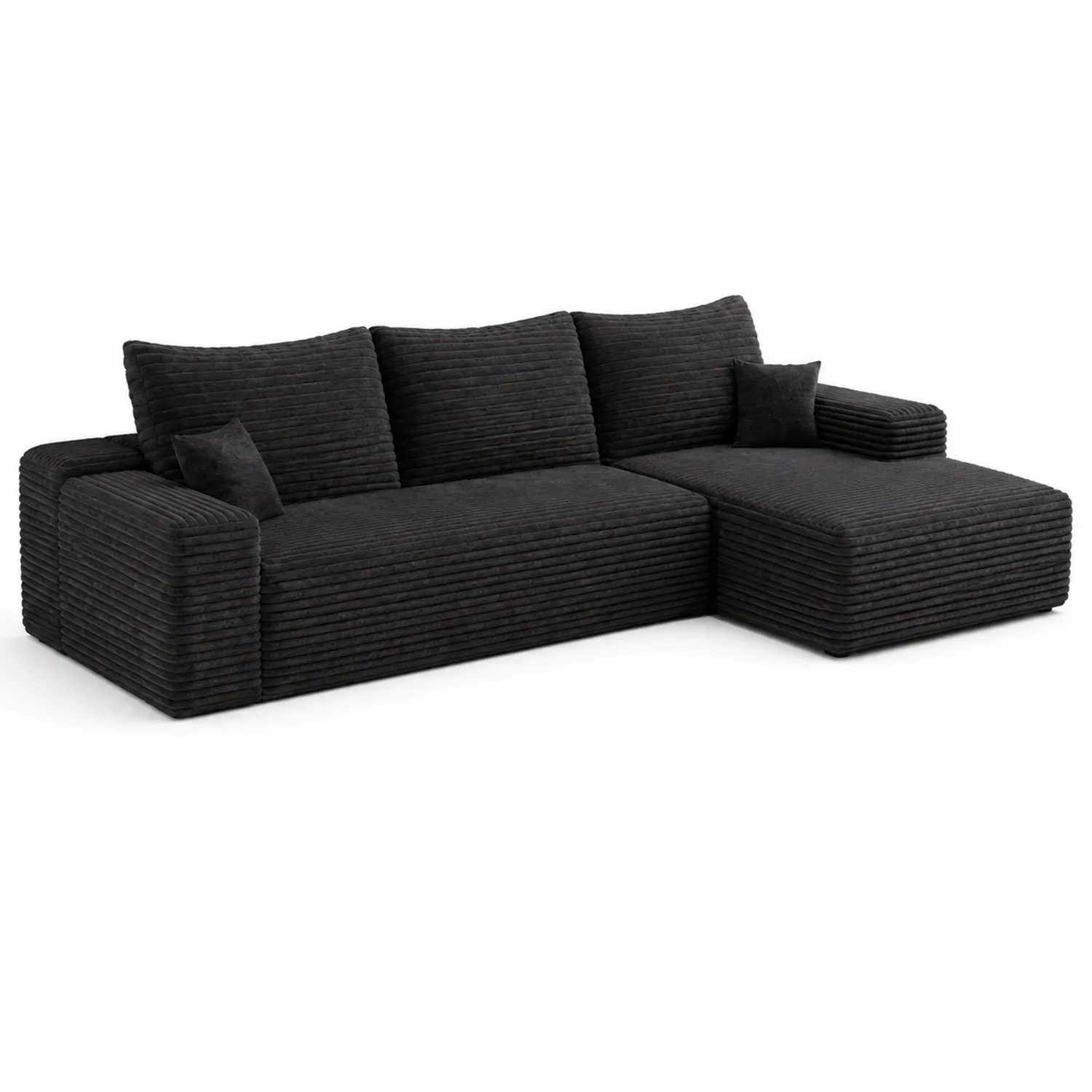 Sofa Czarna z Szezlongiem i Poduszkami, Sztruksowa