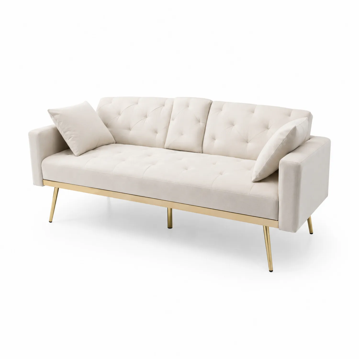 Welur Trzyosobowa Sofa Beżowa z Metalowymi Nóżkami