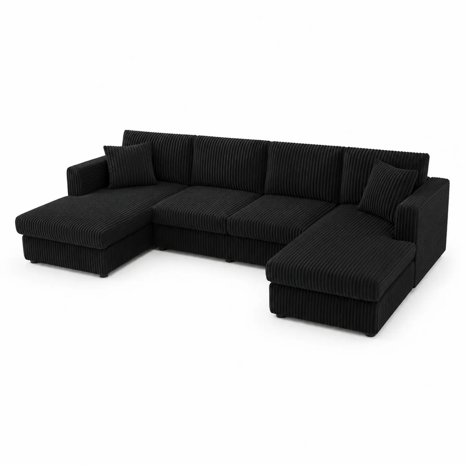 Czarna sofa narożna z tkaniny sztruksowej na drewnianej ramie