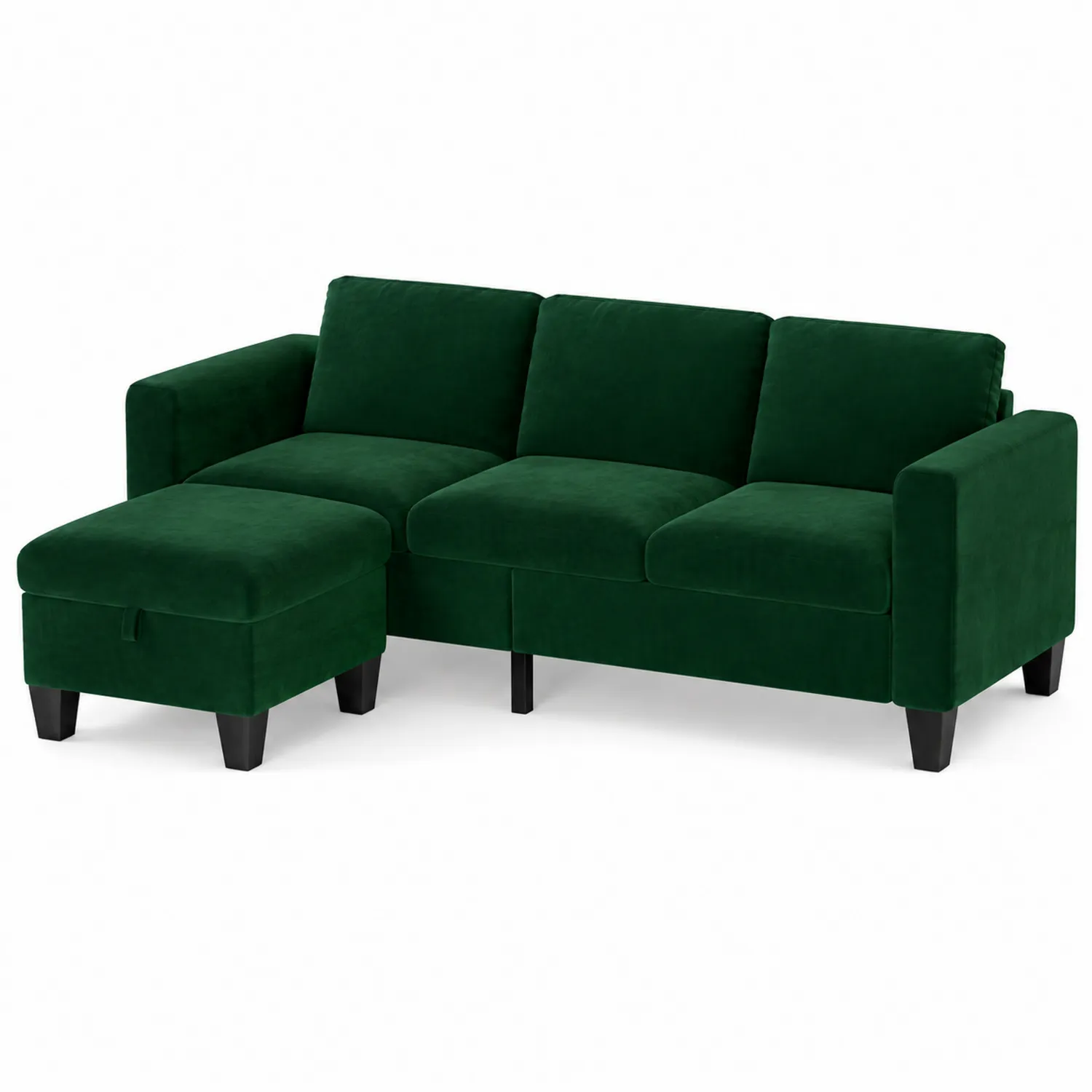 Sofa welurowa zielona 3-osobowa z podnóżkiem