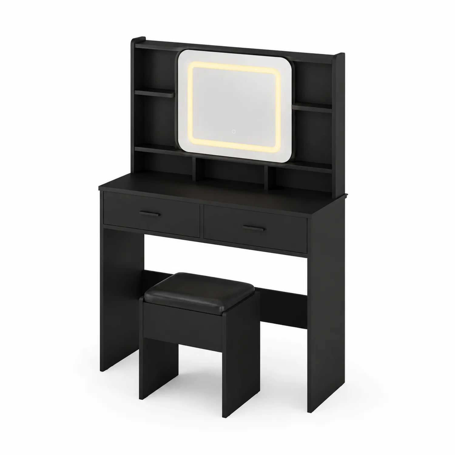 Czarna toaletka z lustrem LED i taboretem, 2 szuflady, MDF