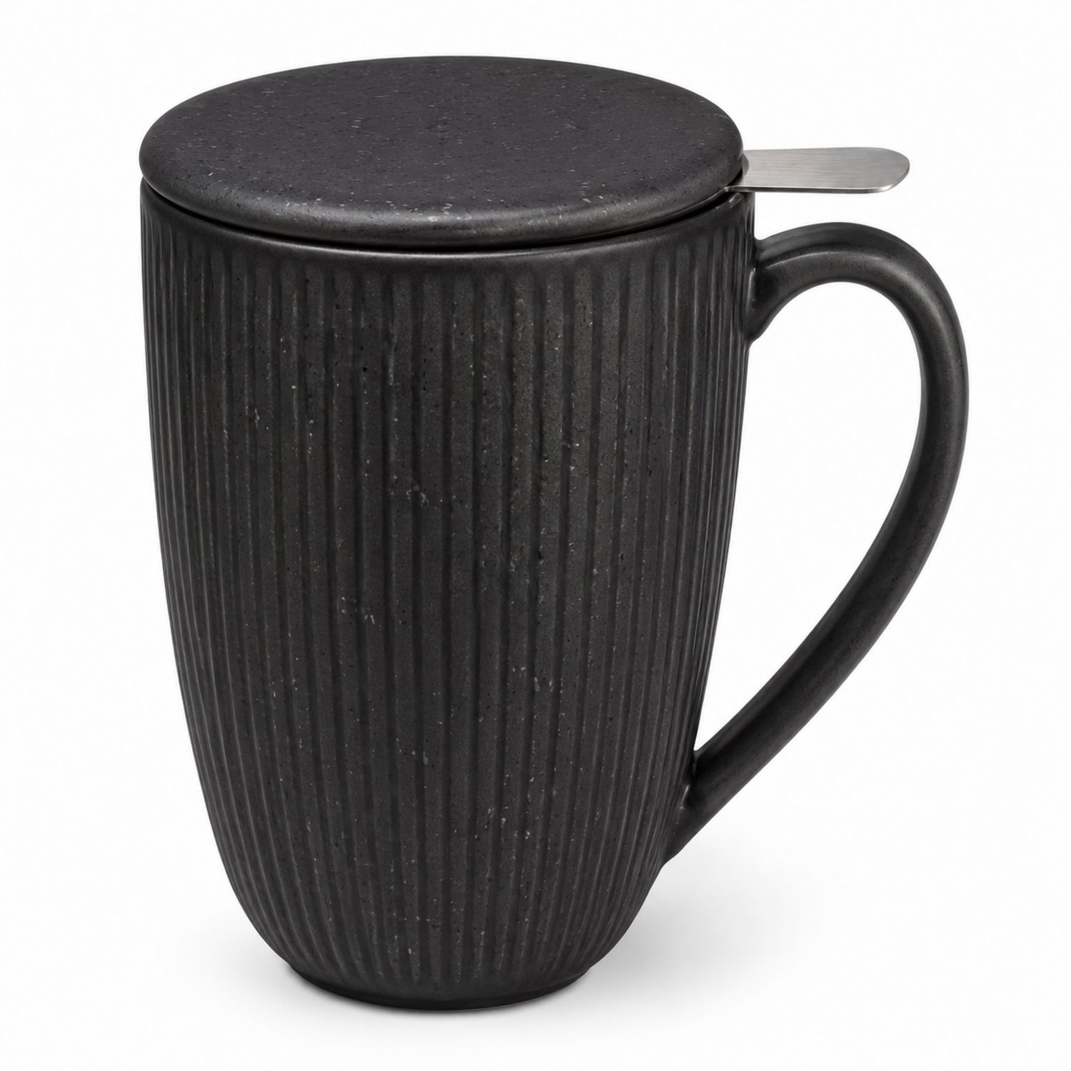 Tazza da tè nera con coperchio e cucchiaino in acciaio inox-Valnitor
