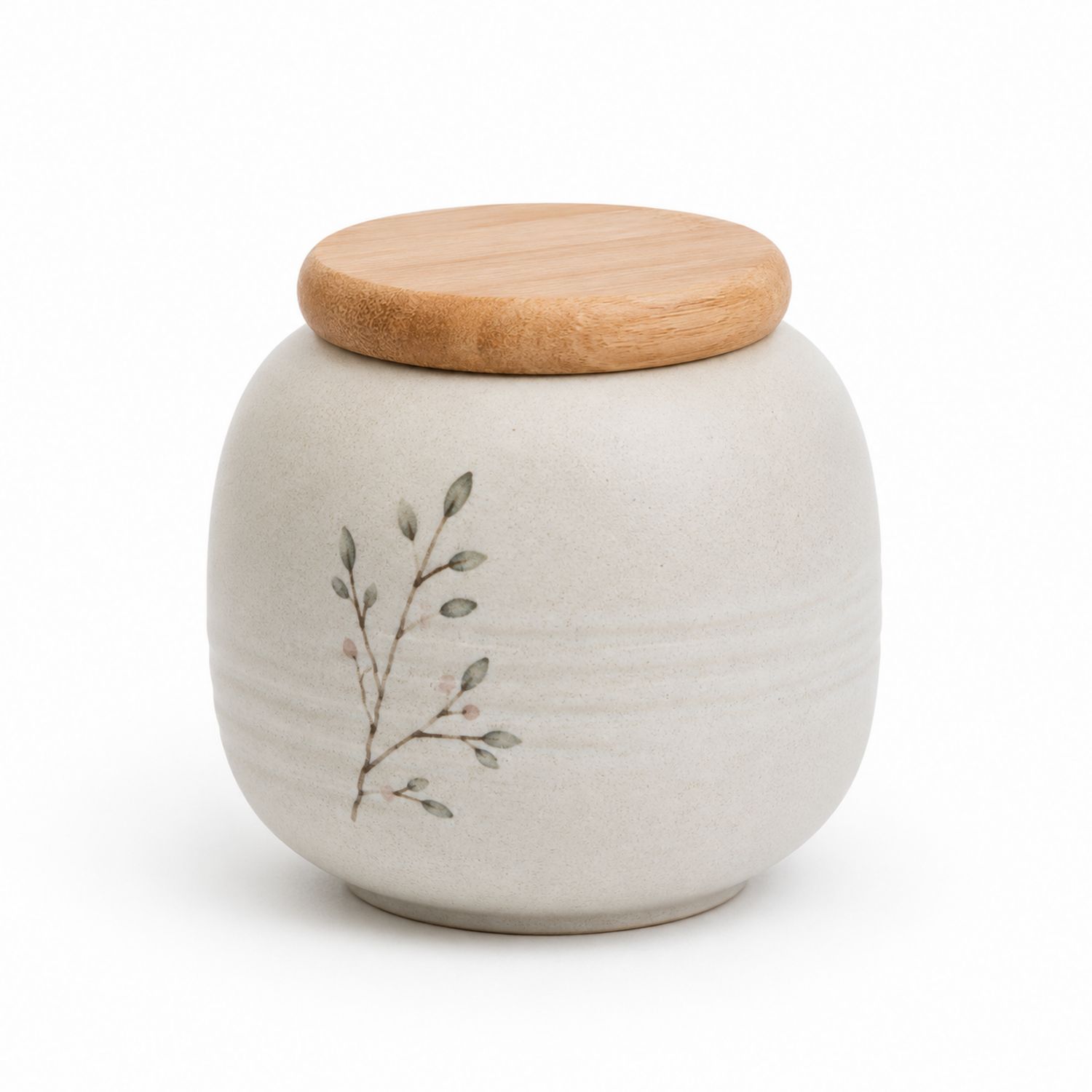 Barattolo in Ceramica Dipinto a Mano con Coperchio in Legno 300ml Bianco e Naturale-Valnitor