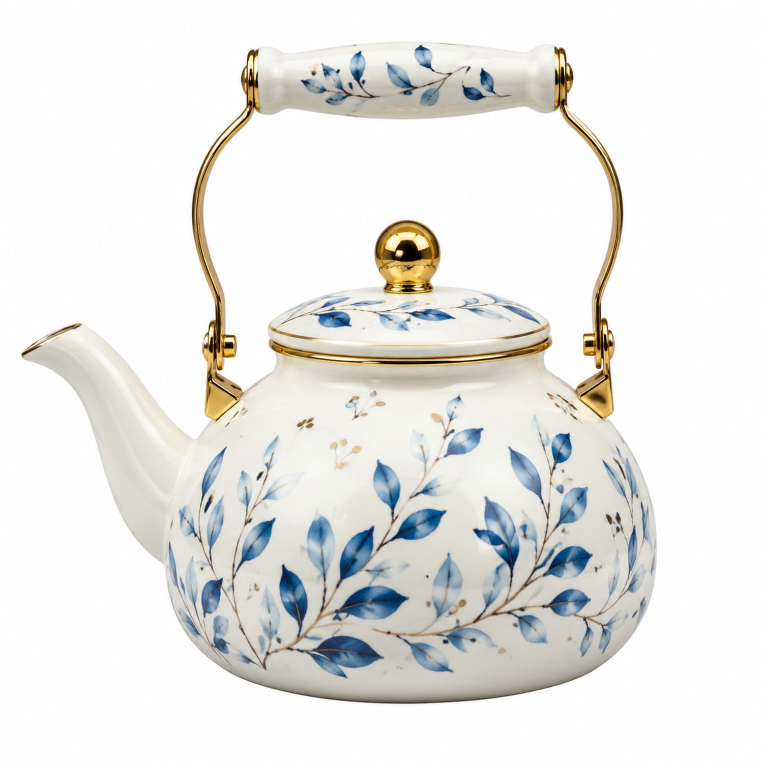 Teiera in Ceramica con Motivi di Foglie Blu e Oro-Valnitor