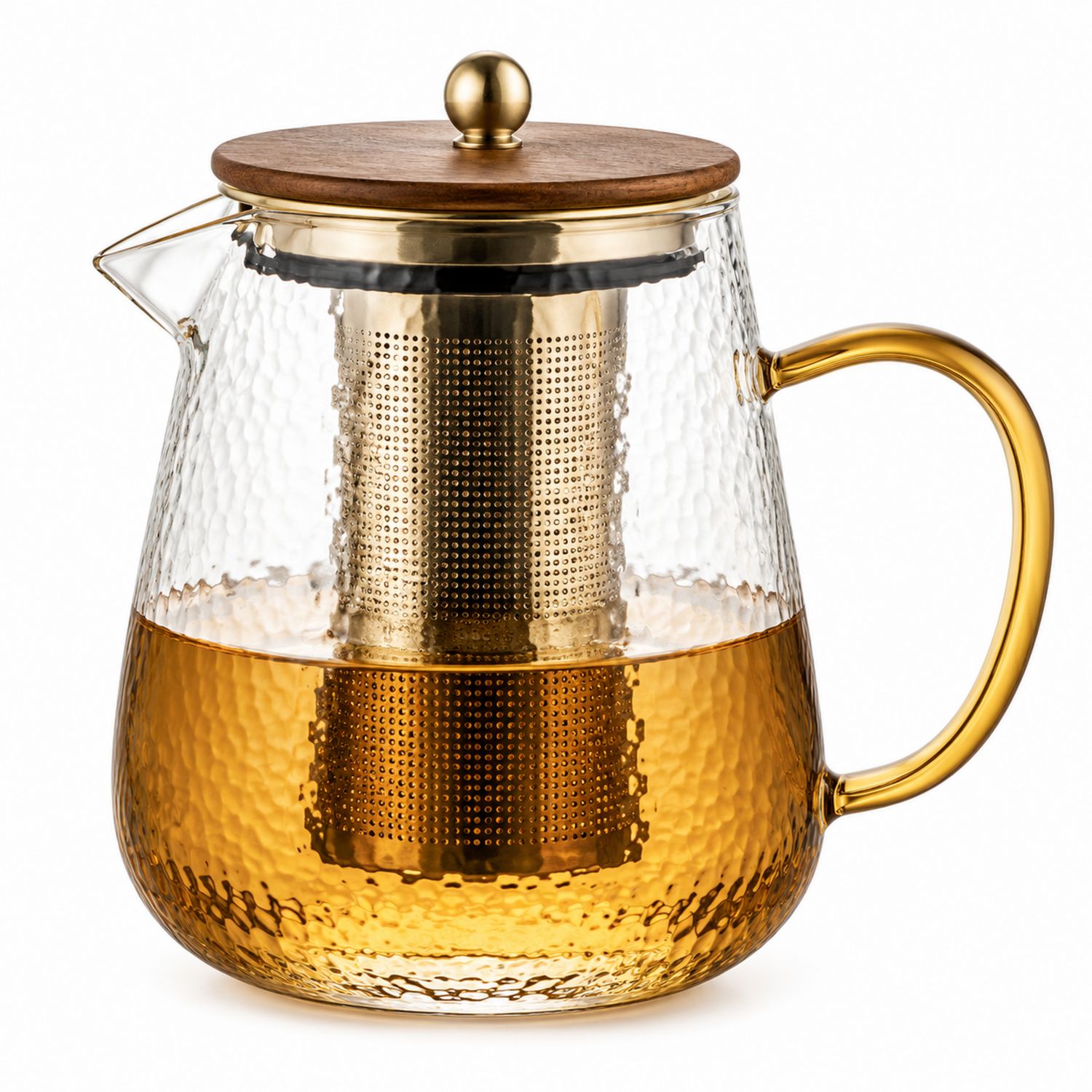 Teiera in Vetro Martellato 1500ml con Infusore Oro e Coperchio in Legno-Valnitor