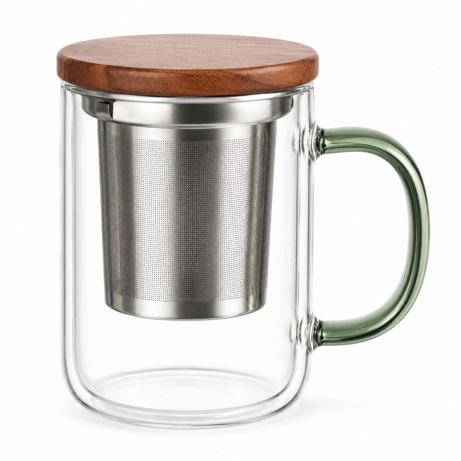 Tazza di Vetro con Infusore in Acciaio Inox e Coperchio in Legno, 350ml, Trasparente/Verde-Valnitor