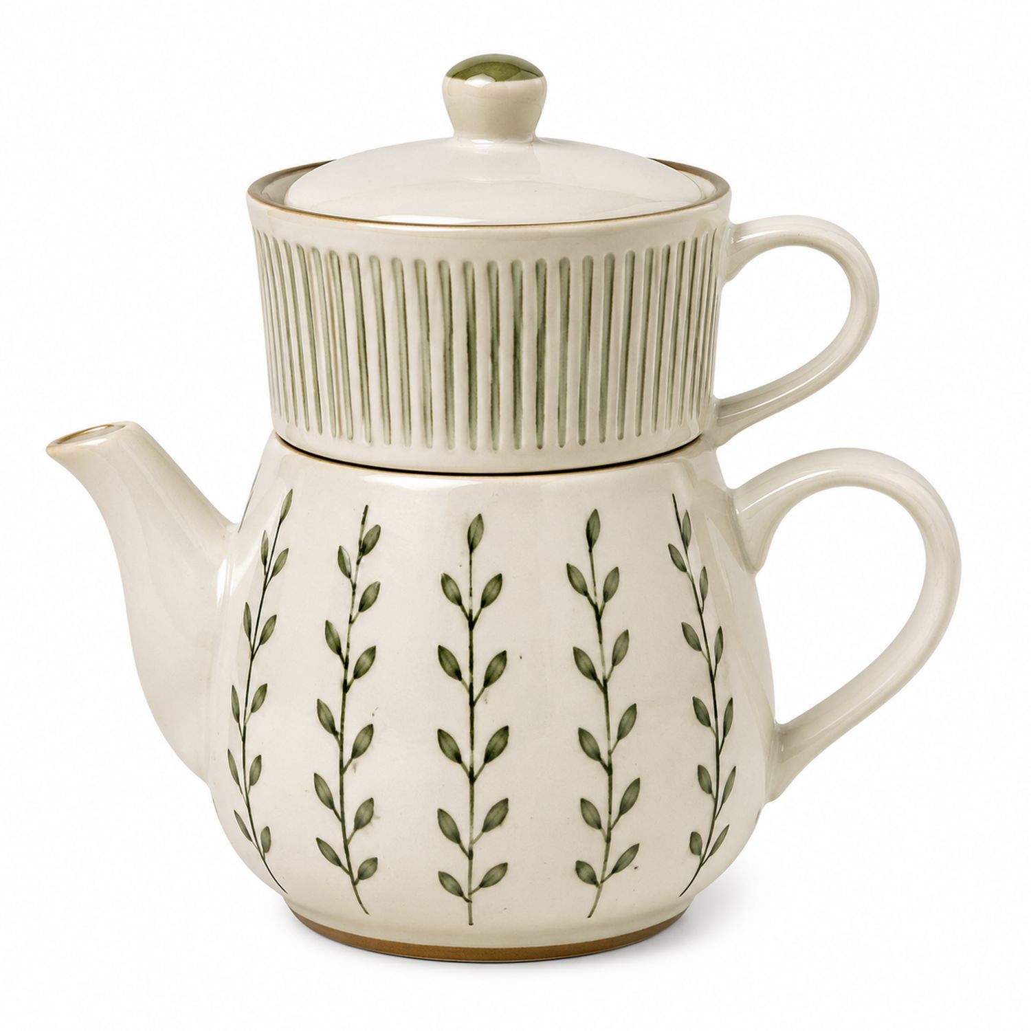 Teiera con Infusore in Ceramica Bianco e Verde con Decorazione Foglie-Valnitor