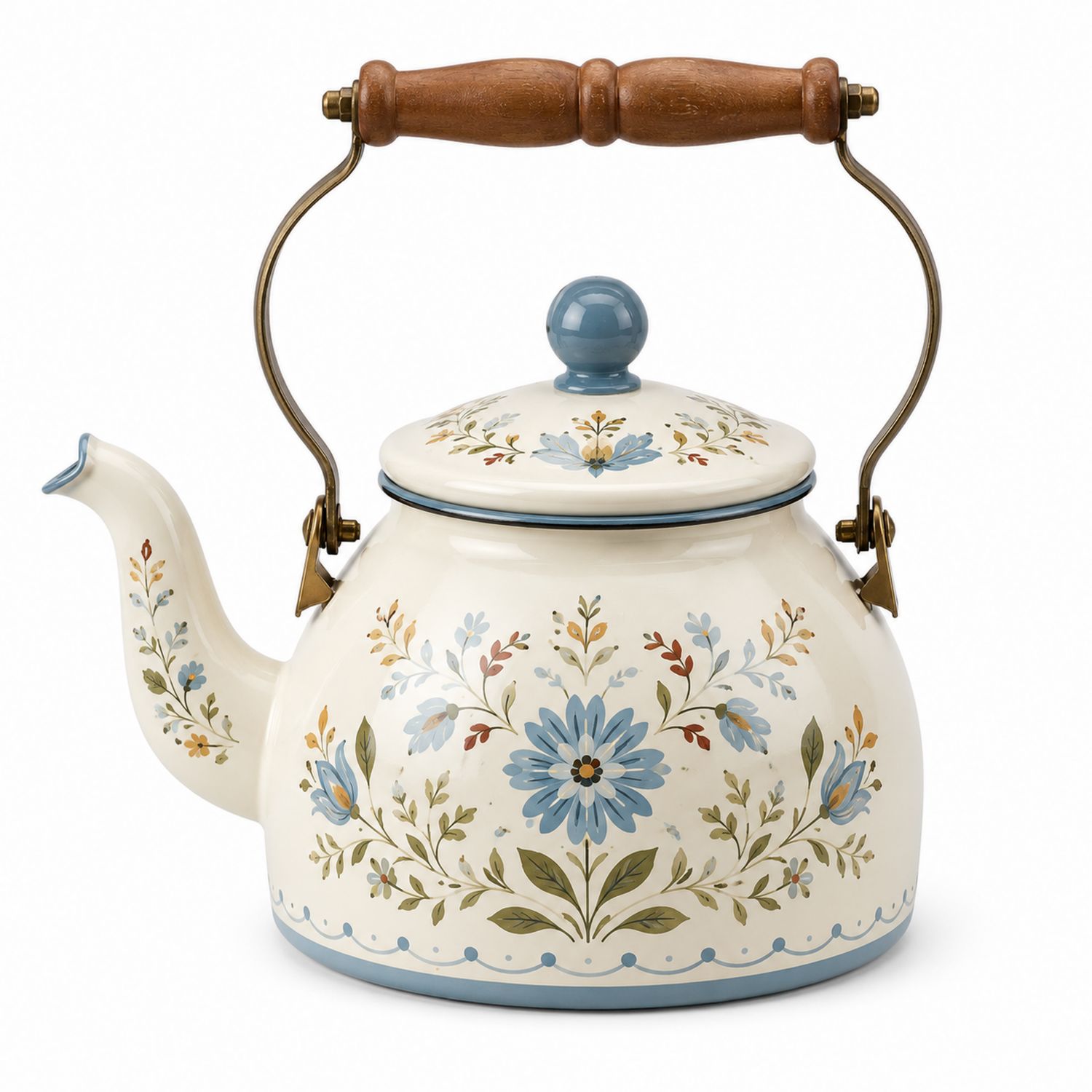 Bollitore Decorativo Floreale in Avorio e Blu con Manico in Legno-Valnitor