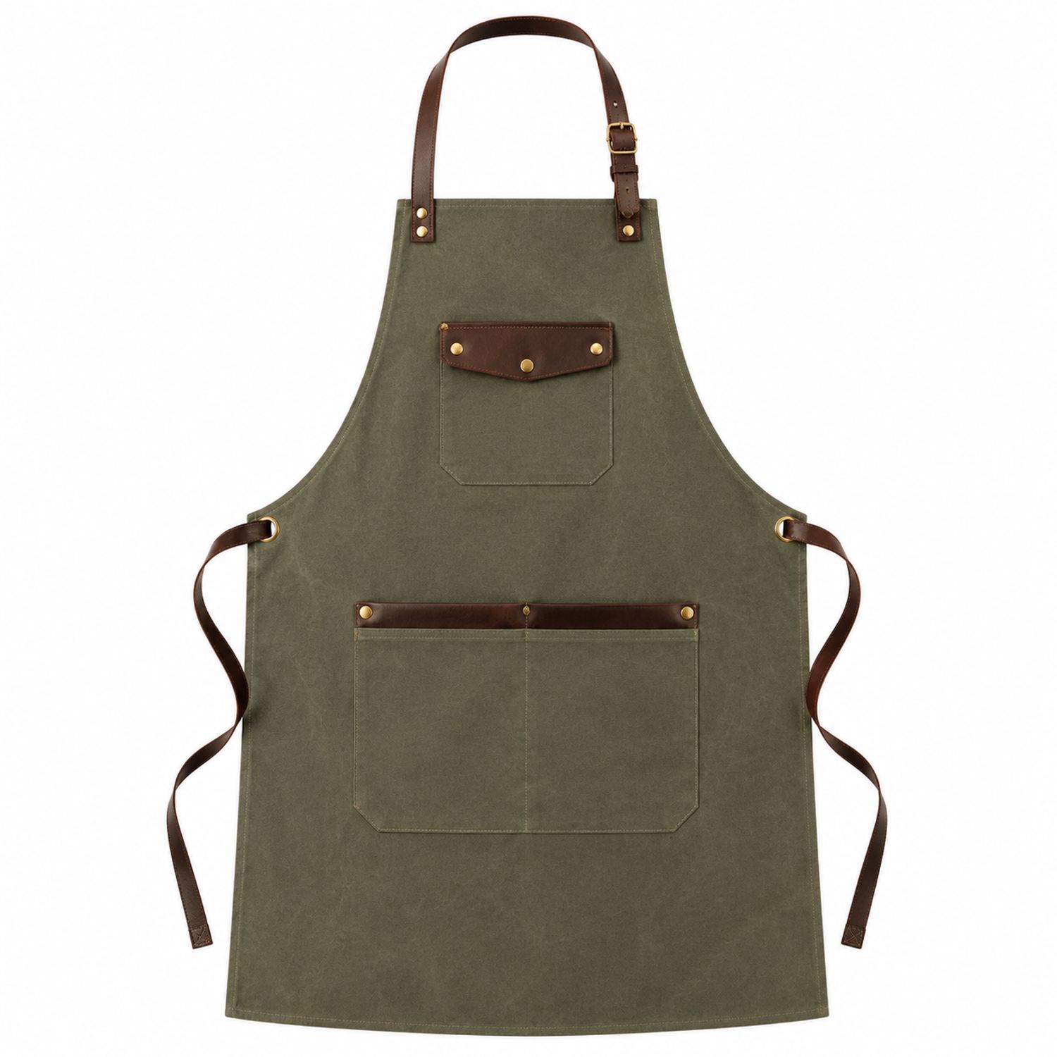 Grembiule da Cucina Verde Oliva con Dettagli in Pelle Regolabile e Tasche