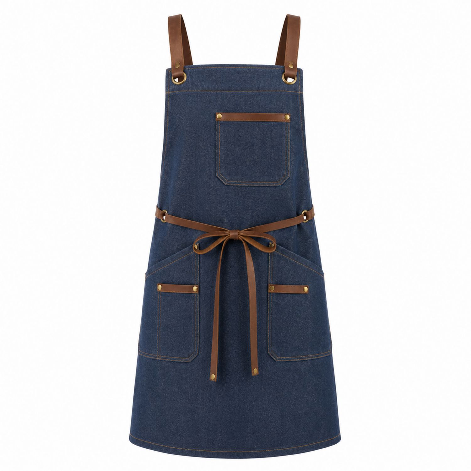Grembiule in Denim Blu con Cinghie Marroni e Tasche Multiple