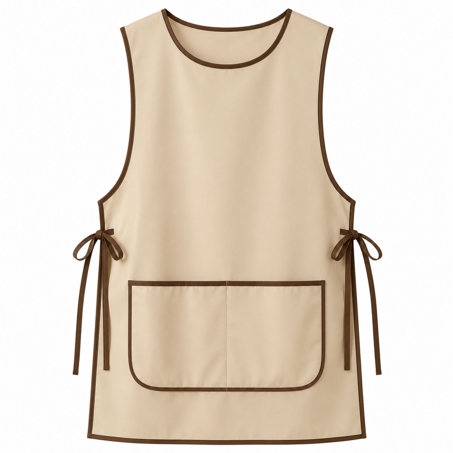 Grembiule da Cucina Beige con Tasche Frontali e Nastri Marroni