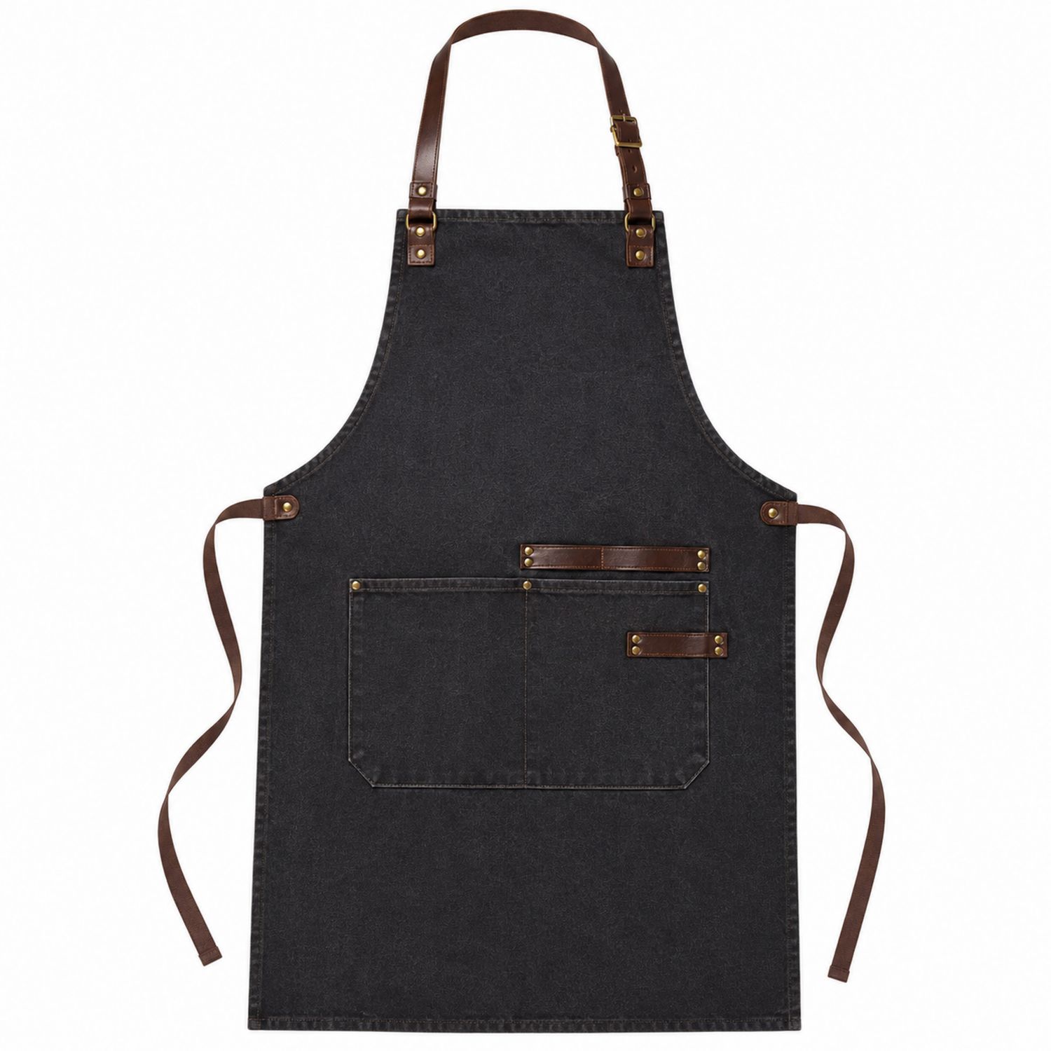 Grembiule Nero in Denim con Tasche e Cinturino Marrone Regolabile