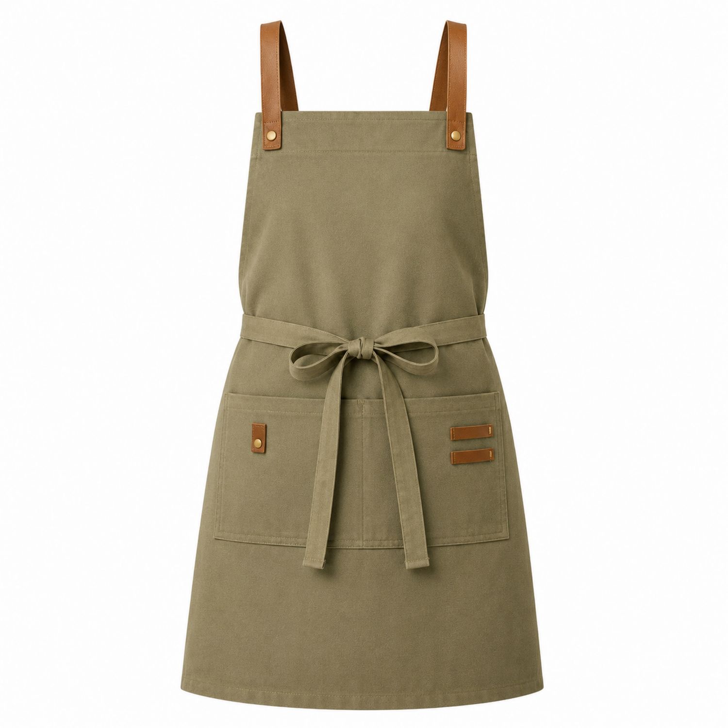Grembiule da Cucina Verde Oliva con Cinghie in Pelle e Tasche Multiple