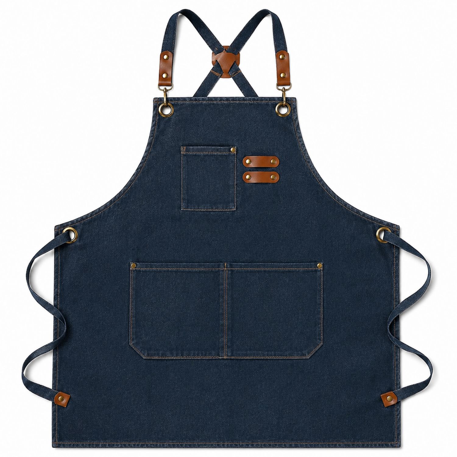 Grembiule in Denim Blu con Tasca Multipla e Dettagli in Pelle