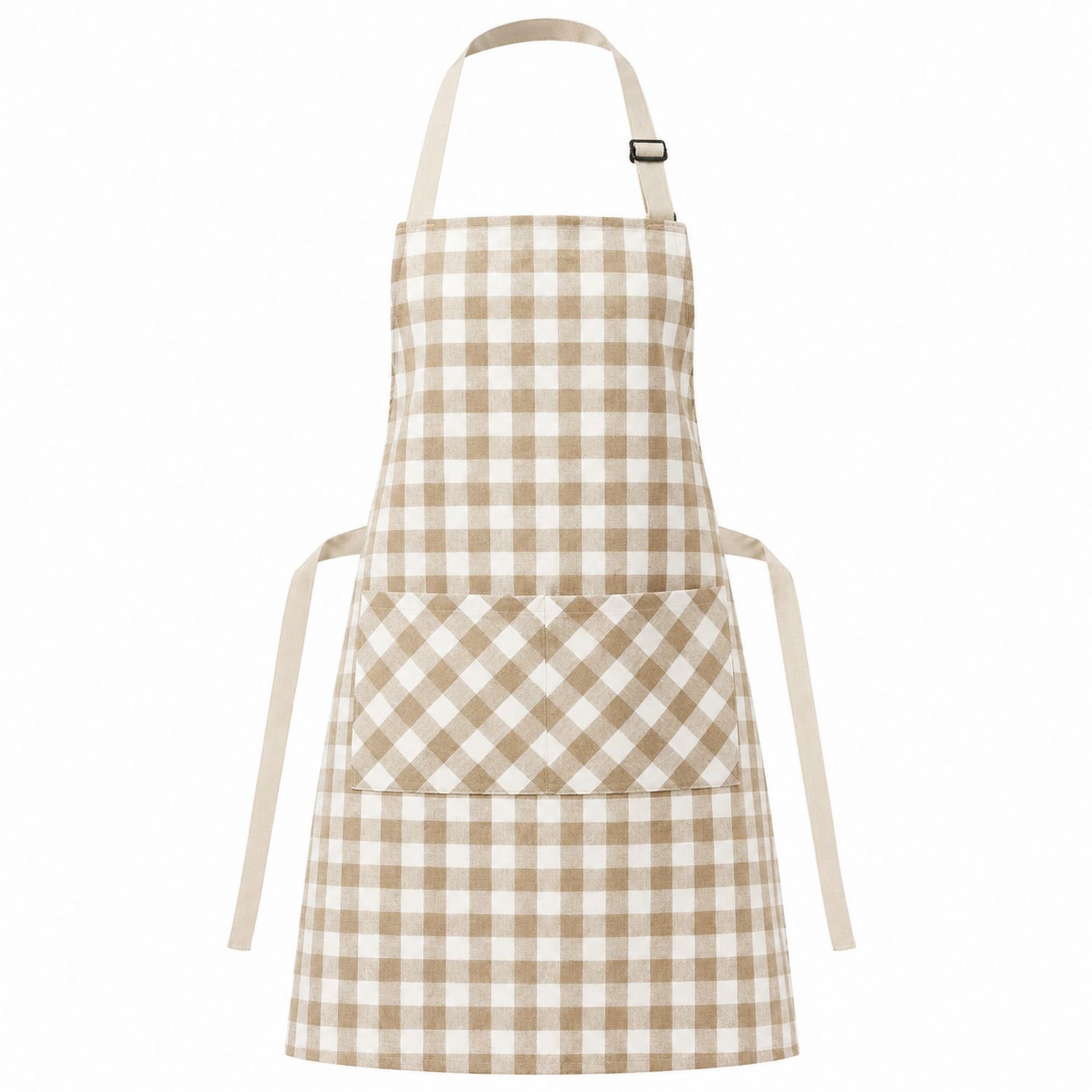 Grembiule da Cucina a Quadretti Beige e Bianco con Tasca Regolabile
