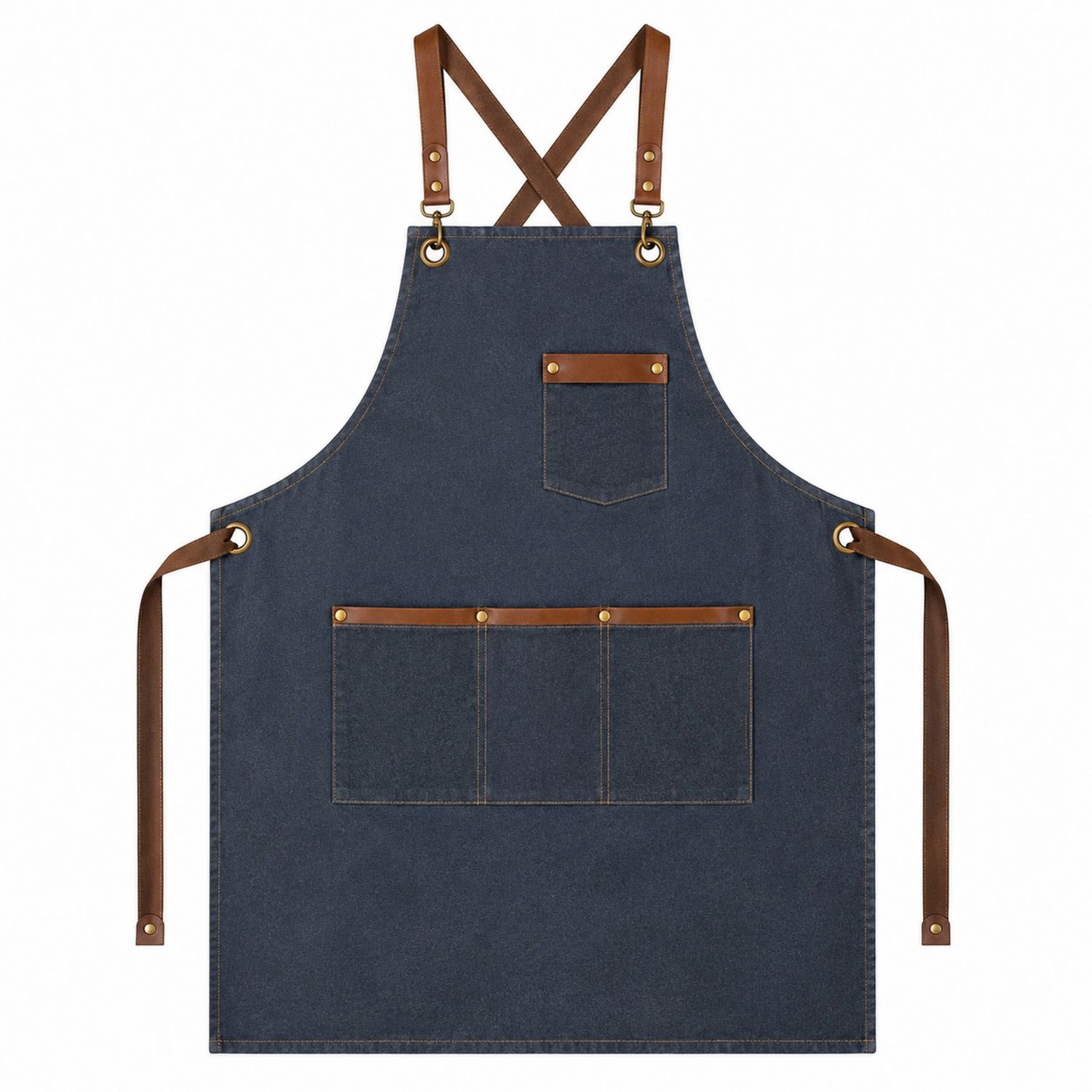 Grembiule in Denim Blu Scuro con Tasche Multiple e Tracolla Regolabile
