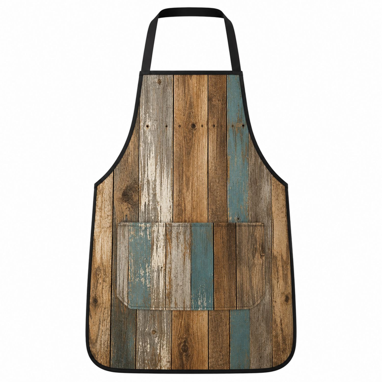 Grembiule da Cucina Rustico con Motivo in Legno e Tasche