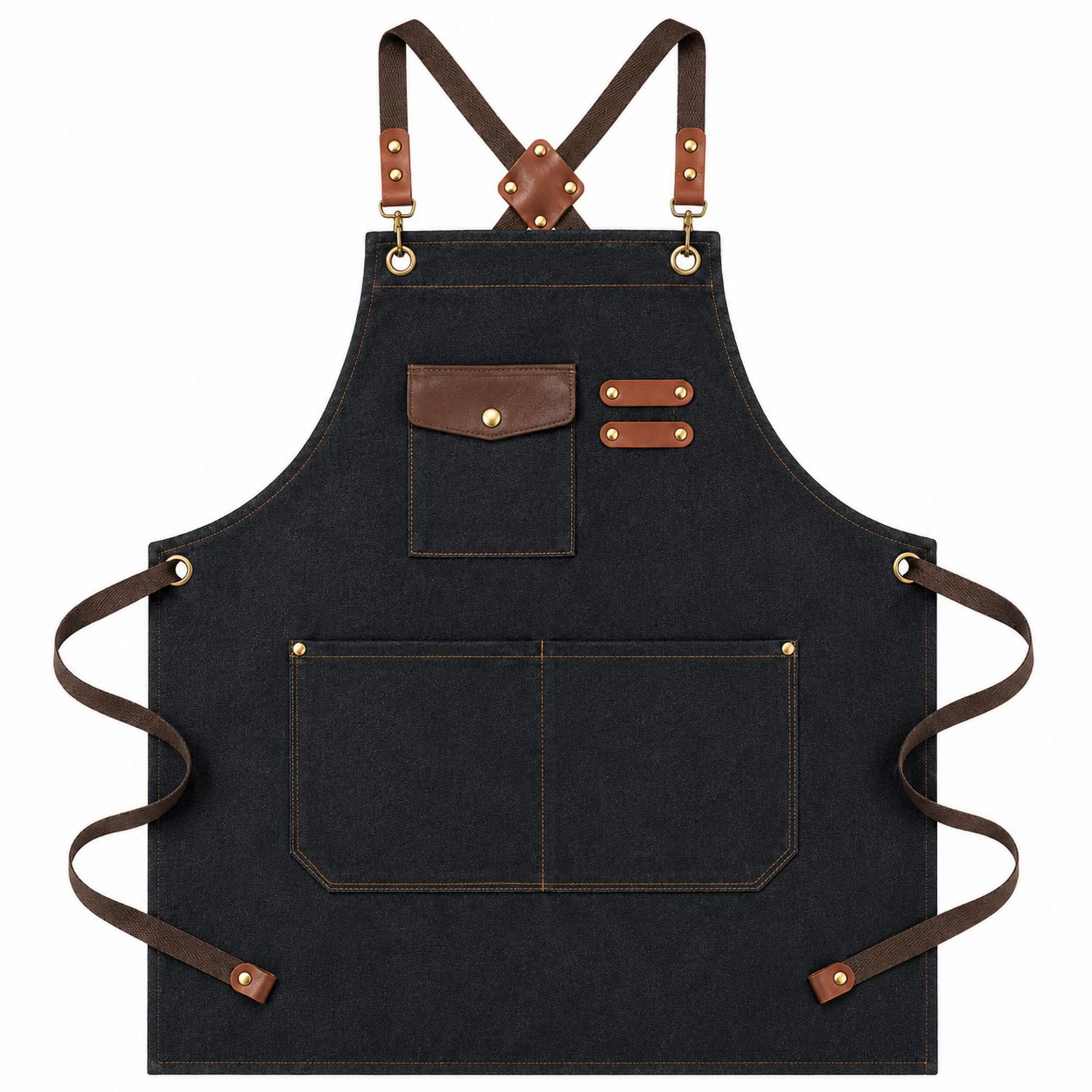 Grembiule in Denim Nero con Decorazioni in Pelle e Tasche Multiple