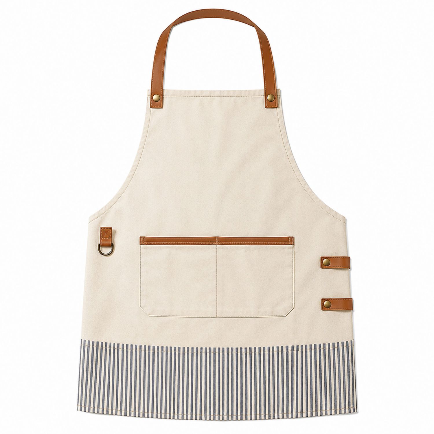 Grembiule da Cucina Beige con Tasca Frontale e Dettagli Blu a Righe