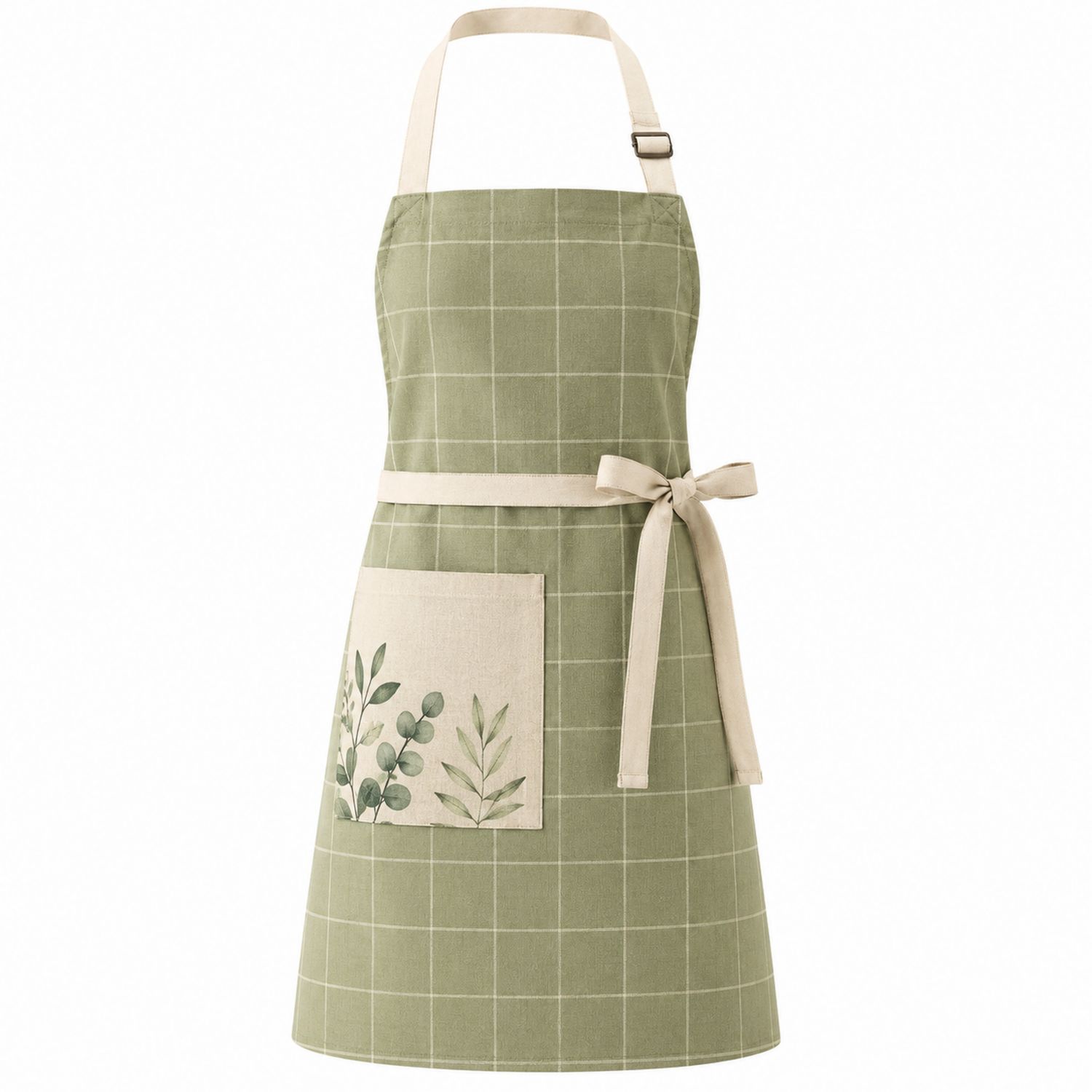 Grembiule da cucina verde a quadri con tasca floreale