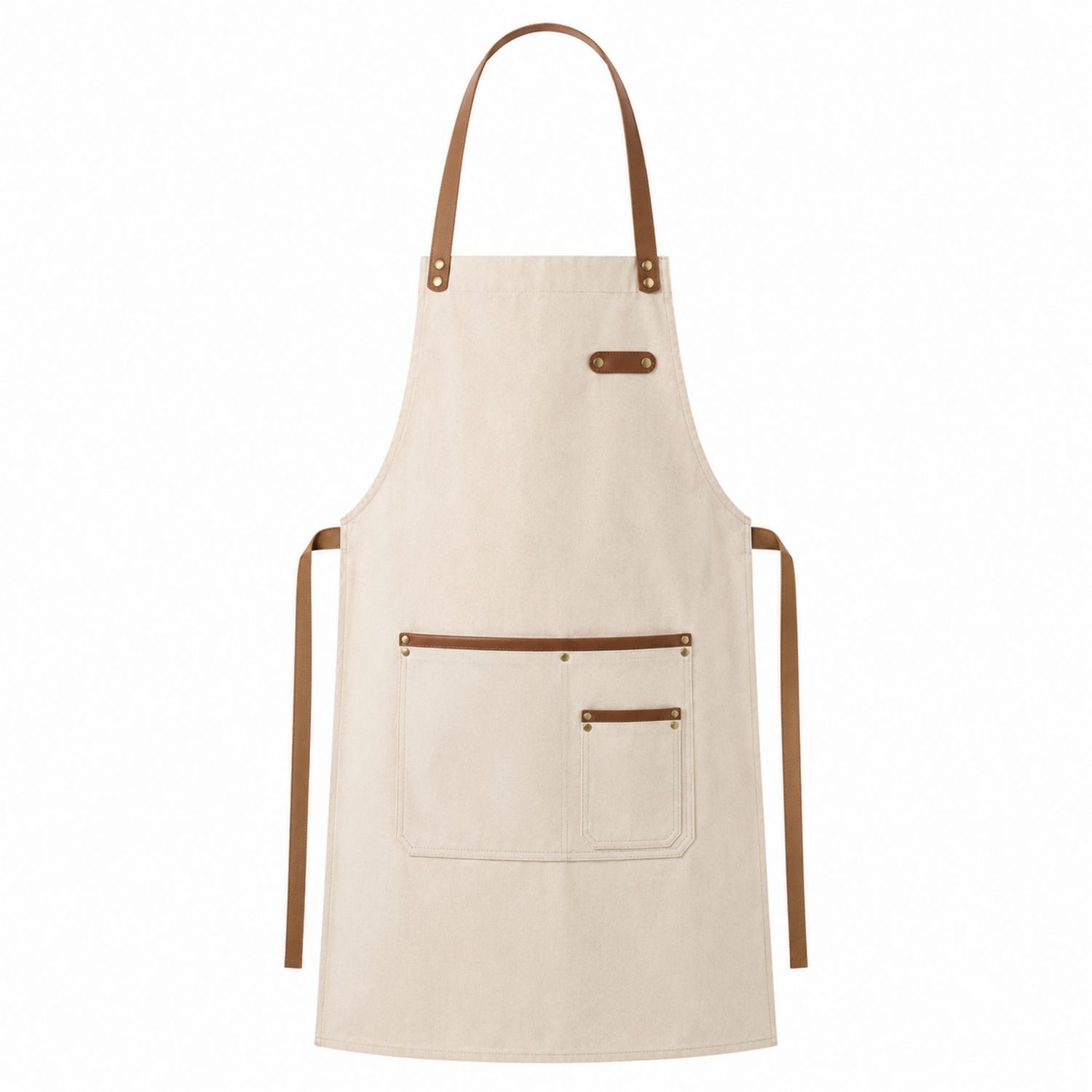 Grembiule da Cucina Beige con Dettagli in Pelle e Tasche