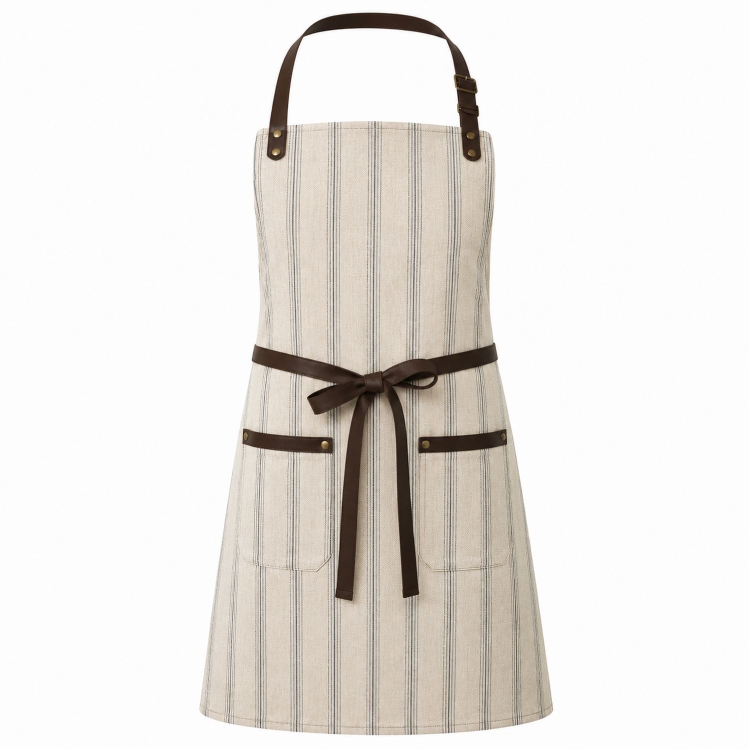 Grembiule da Cucina a Righe con Tasche e Cinturino Regolabile Beige e Marrone