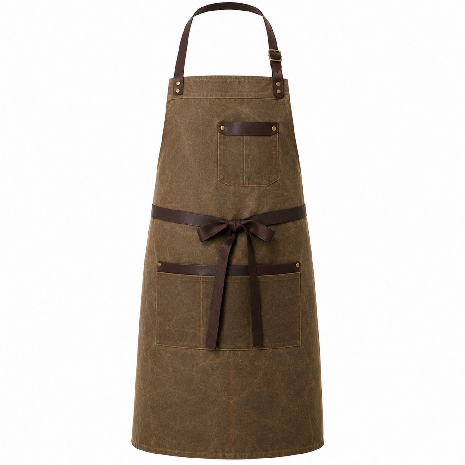 Grembiule da Cucina in Tela Cerata Marrone con Tasche Multiple
