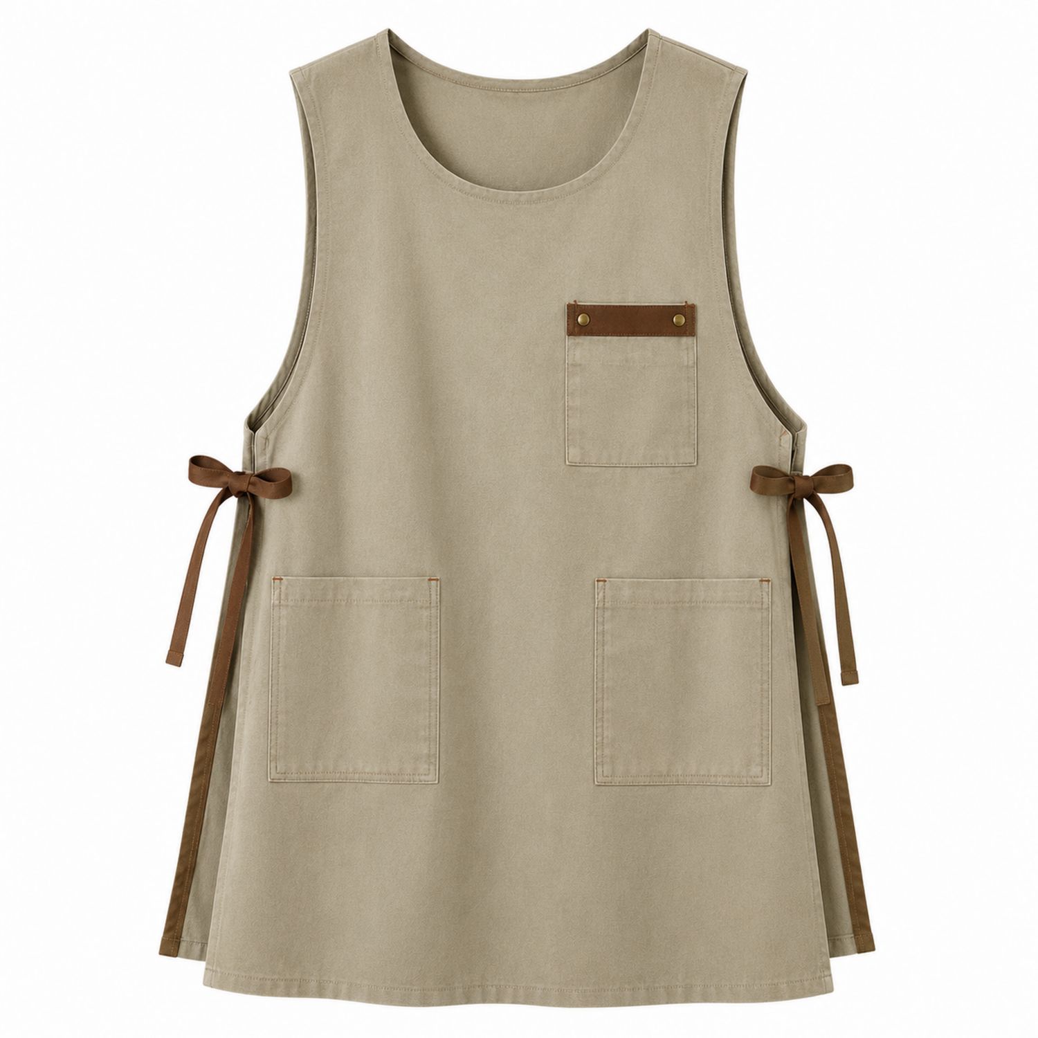 Grembiule Beige con Lacci Laterali e Tasche Anteriori