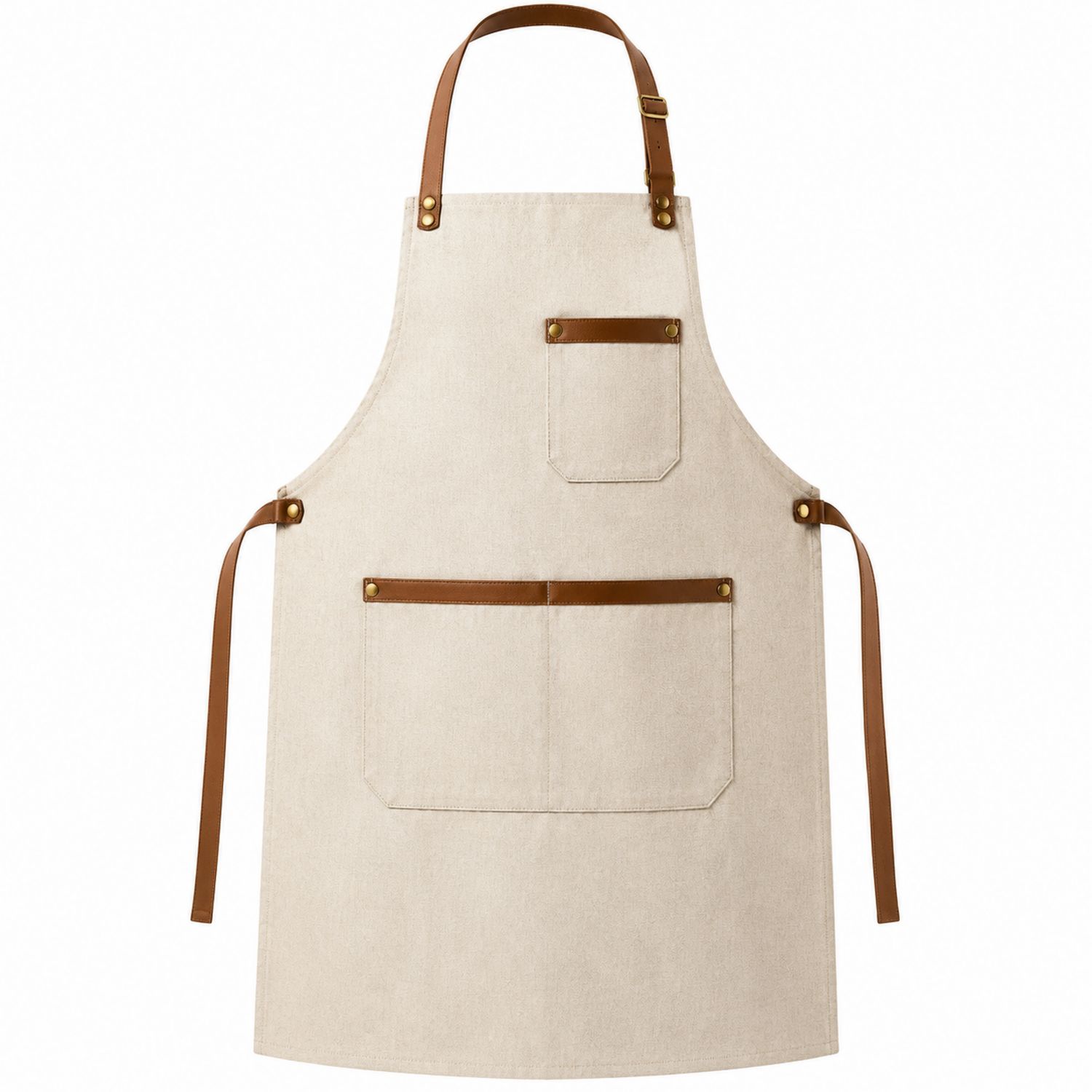 Grembiule da Cucina Beige con Cinghie Marroni Regolabili e Tasche Frontali