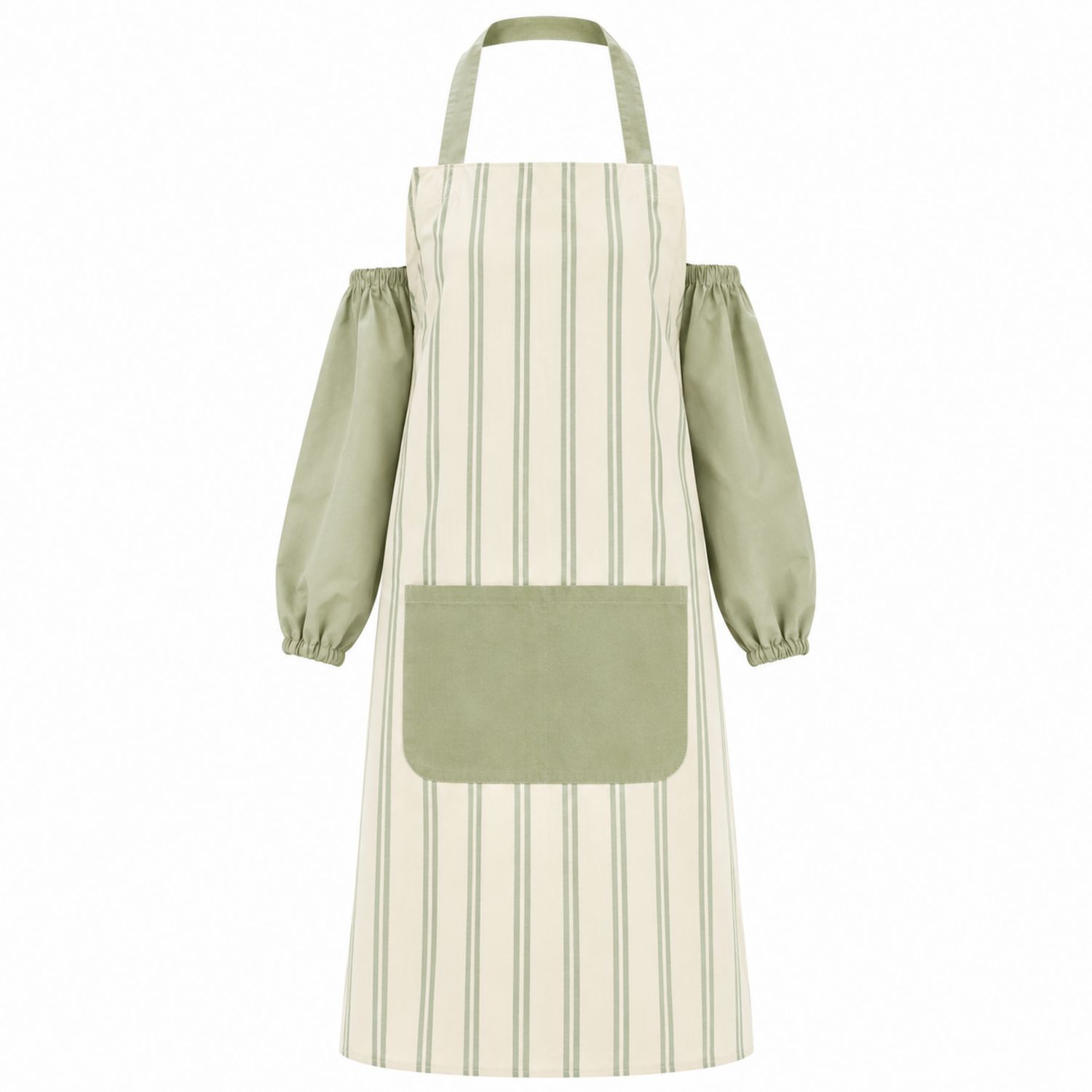 Grembiule da Cucina a Righe con Maniche e Tasca Verde/Beige