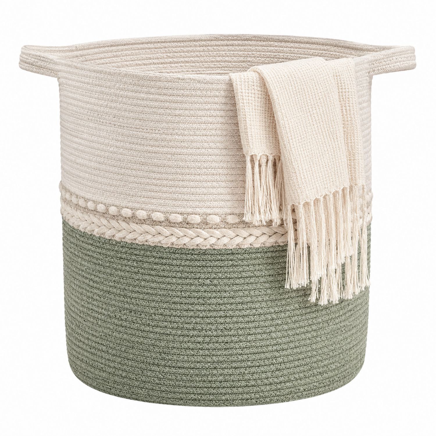 Cesta Portabiancheria Bicolore Beige e Verde con Manici-lunavioliving