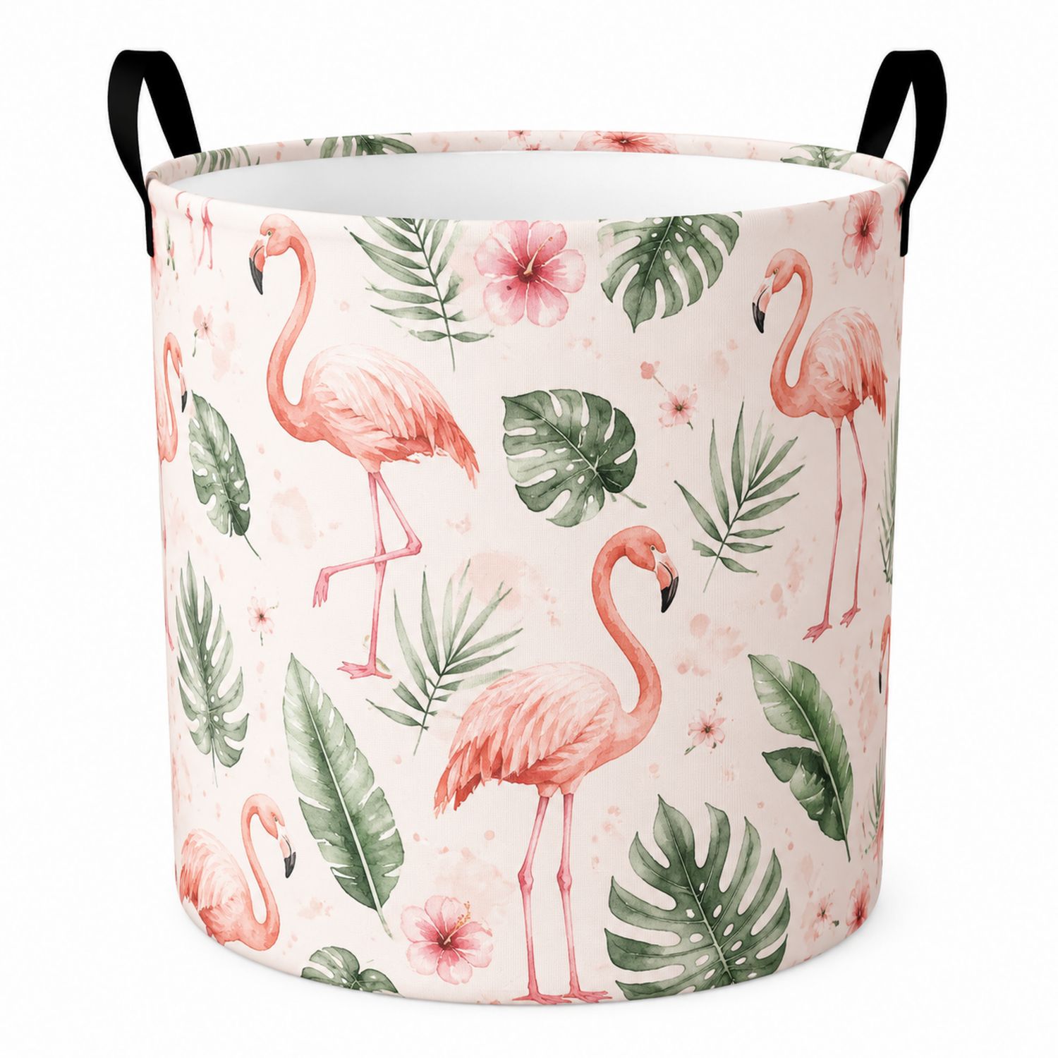 Cesto Portabiancheria Rotondo con Fenicotteri e Foglie Tropicali, Rosa, 50L-lunavioliving