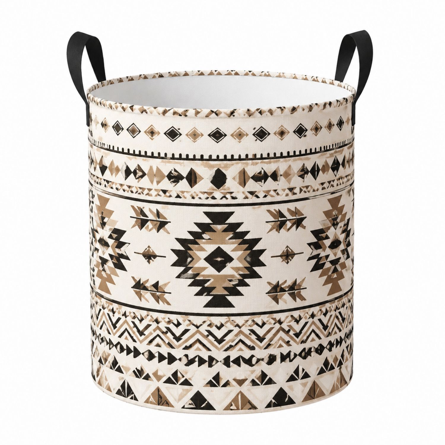 Cesto Portaoggetti Rotondo Stampa Geometrica Beige e Nero-lunavioliving